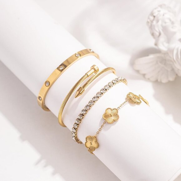 18K Gold Plated Womens Floral Clover Stackable Bracelets Set with Cubic Zirconia - Picture 6 of 6